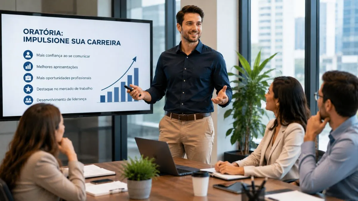 Profissional apresentando projeto com confiança durante reunião corporativa.