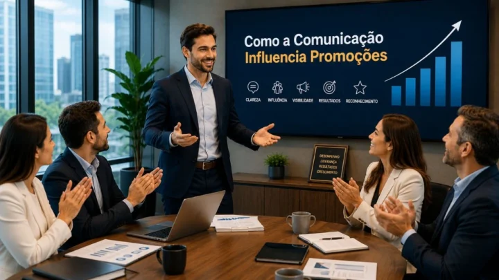 Profissional apresentando resultados e demonstrando habilidades de comunicação em ambiente corporativo.