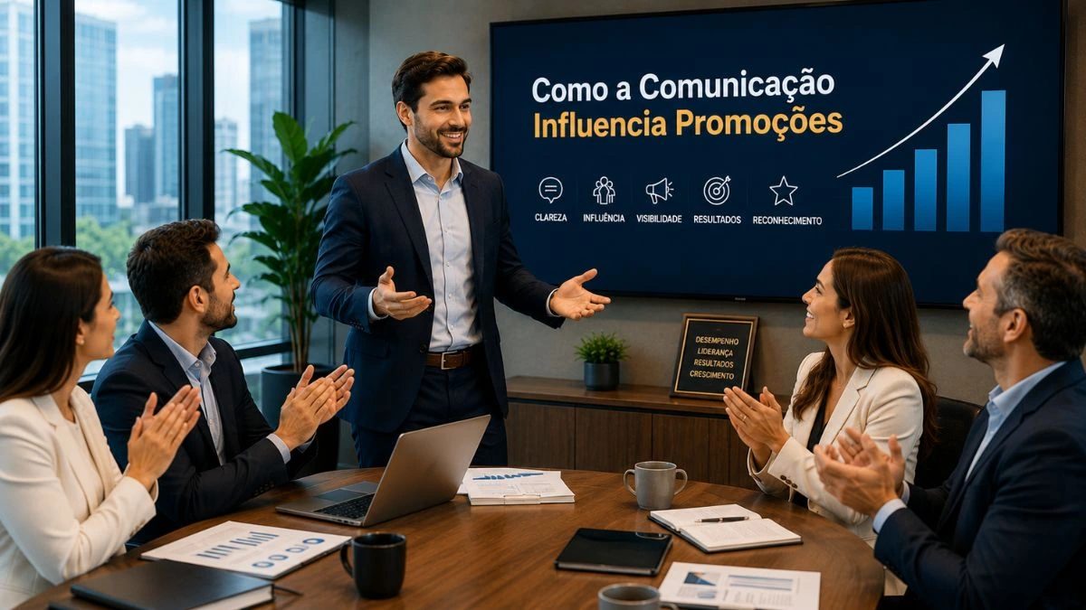 Profissional apresentando resultados e demonstrando habilidades de comunicação em ambiente corporativo.