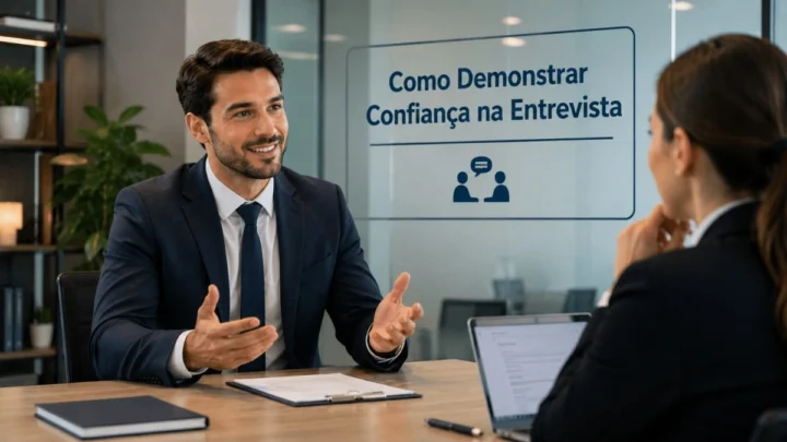 Candidato demonstrando confiança durante entrevista de emprego.