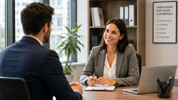 Profissional falando com confiança durante entrevista de emprego