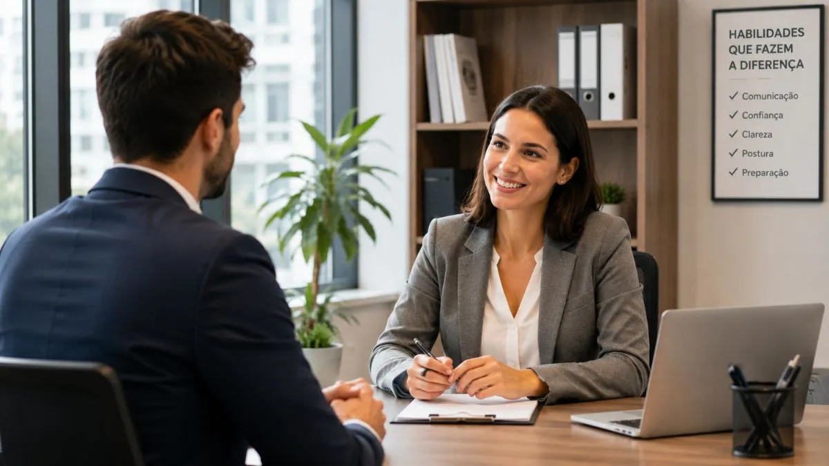 Profissional falando com confiança durante entrevista de emprego