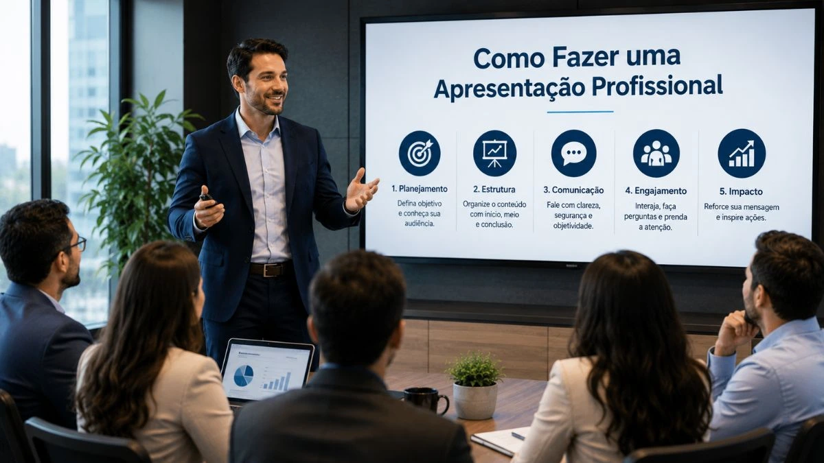 Profissional realizando apresentação profissional para equipe em ambiente corporativo.