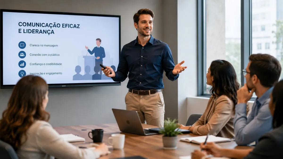 Profissional realizando uma apresentação com confiança para uma equipe durante reunião corporativa, demonstrando técnicas para superar o medo de falar em público.