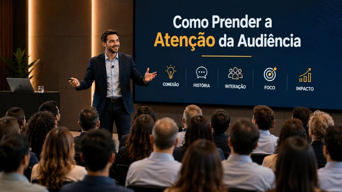 Palestrante prendendo a atenção da audiência durante apresentação.