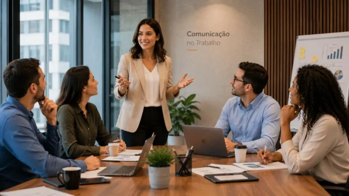 Profissionais colaborando durante reunião para melhorar a comunicação no trabalho.