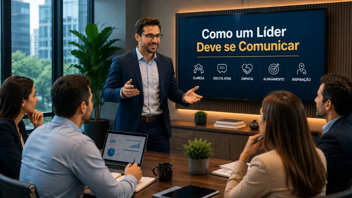 Líder se comunicando com clareza durante reunião de equipe.