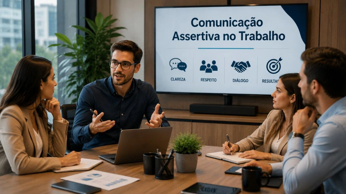Profissionais praticando comunicação assertiva durante reunião de trabalho.