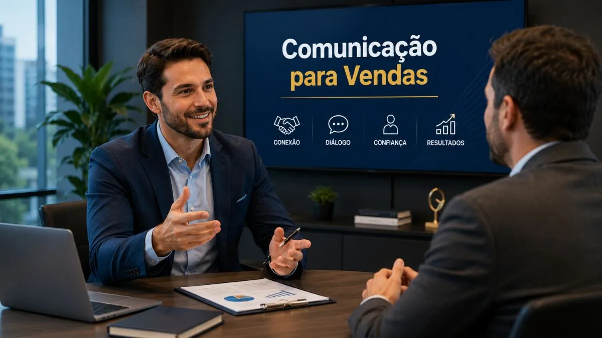 Profissional utilizando técnicas de comunicação para vendas durante reunião com cliente.