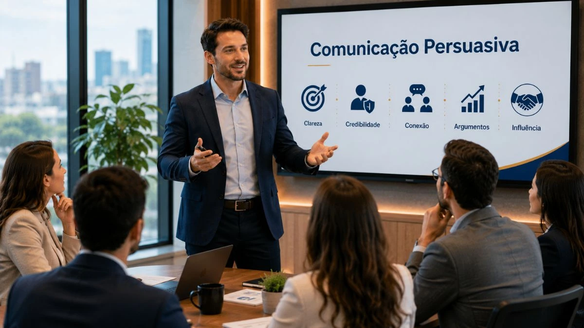 Profissional utilizando comunicação persuasiva durante apresentação corporativa.