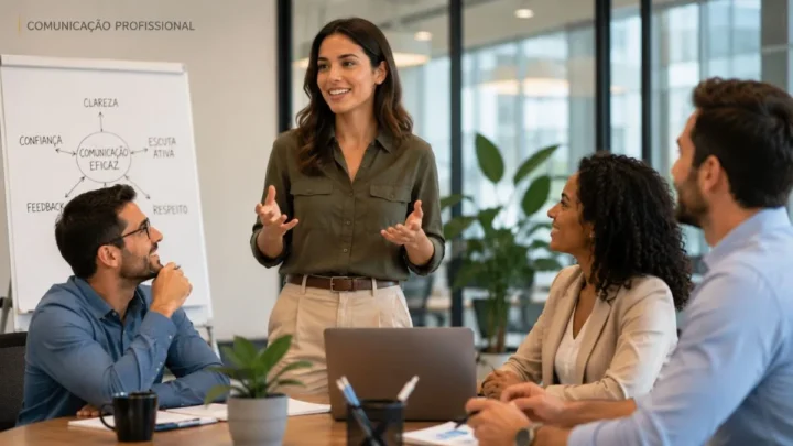 Equipe colaborando durante reunião de comunicação profissional