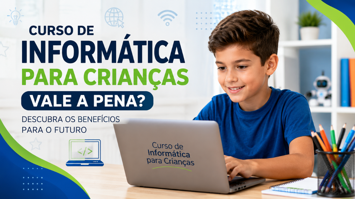 Curso de informática para crianças aprendendo tecnologia em ambiente educacional moderno.