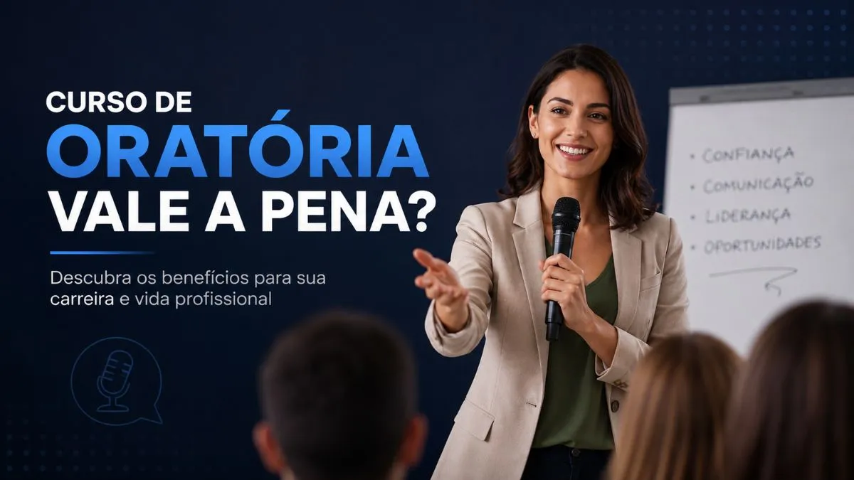 Profissional realizando apresentação em público durante palestra sobre comunicação e oratória. Descubra se um curso de oratória vale a pena para desenvolver confiança, liderança e crescimento profissional.