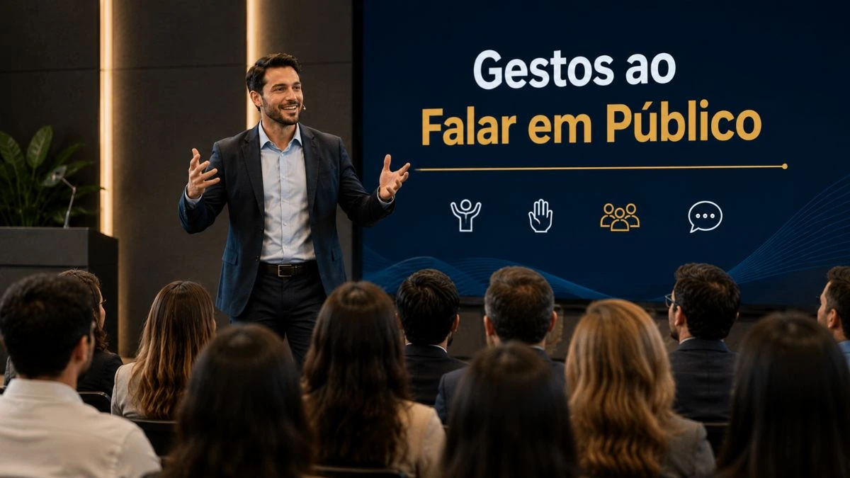 Palestrante utilizando gestos adequados durante apresentação em público.