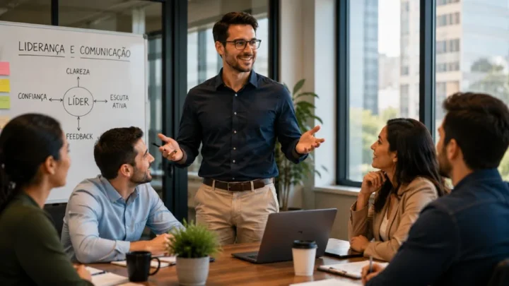 Líder se comunicando com a equipe durante reunião corporativa