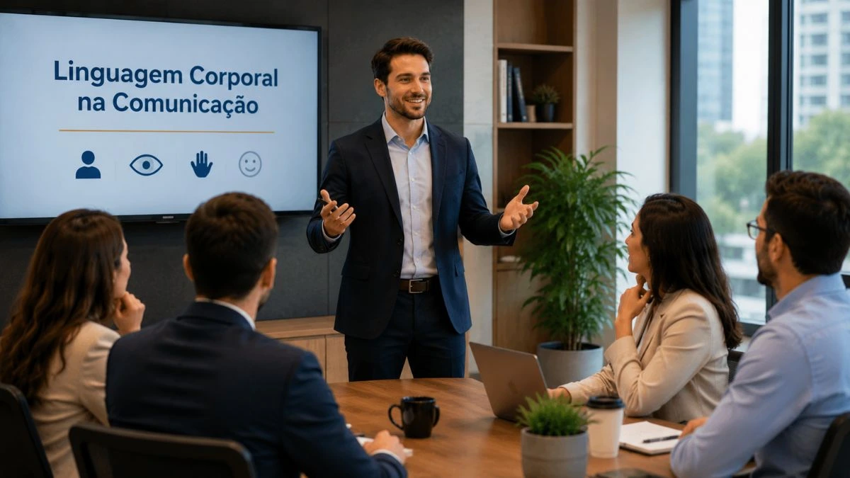 Profissional utilizando linguagem corporal durante apresentação corporativa.
