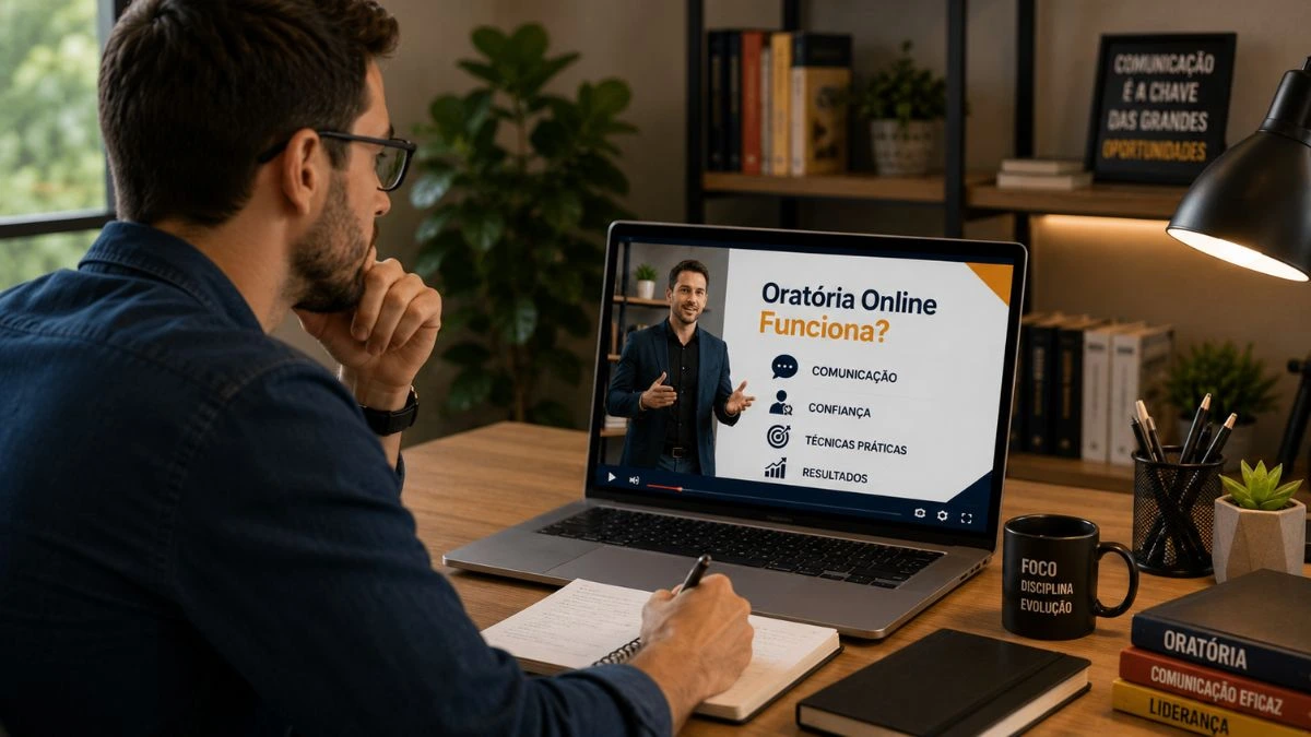 Profissional participando de curso de oratória online.