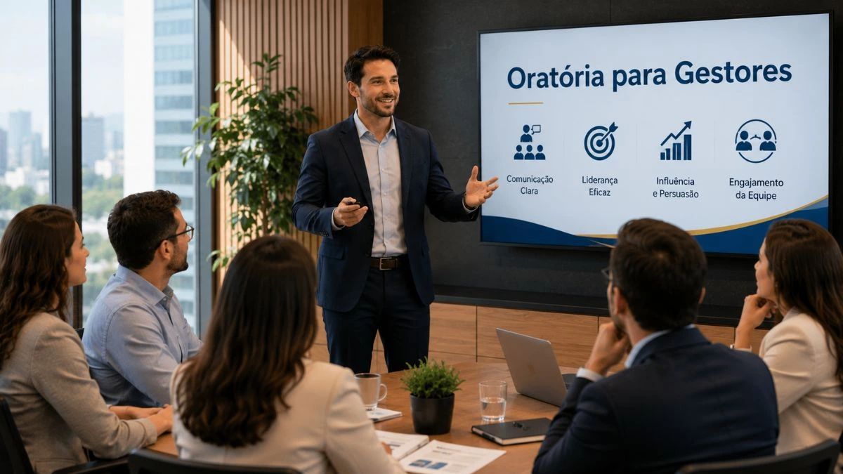 Gestor conduzindo reunião utilizando técnicas de oratória e liderança.