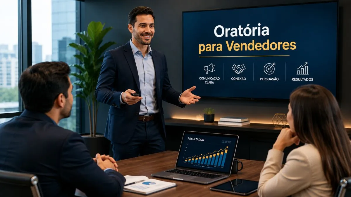 Vendedor utilizando técnicas de oratória durante negociação comercial.
