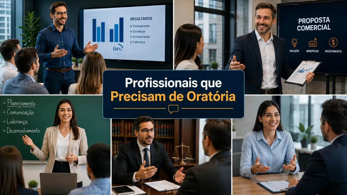 Profissionais de diferentes áreas utilizando habilidades de comunicação e oratória.