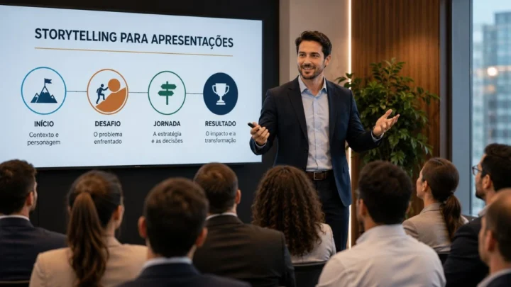 Profissional utilizando storytelling durante apresentação corporativa.