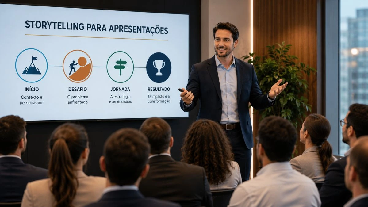 Profissional utilizando storytelling durante apresentação corporativa.