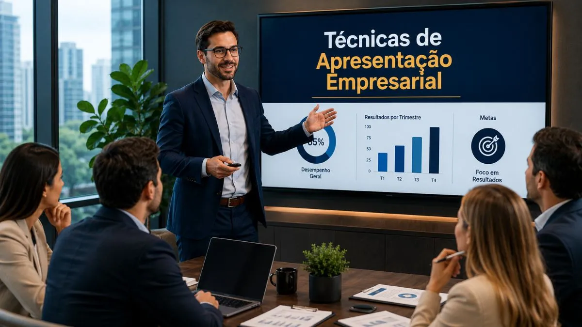 Executivo realizando apresentação empresarial para equipe corporativa.