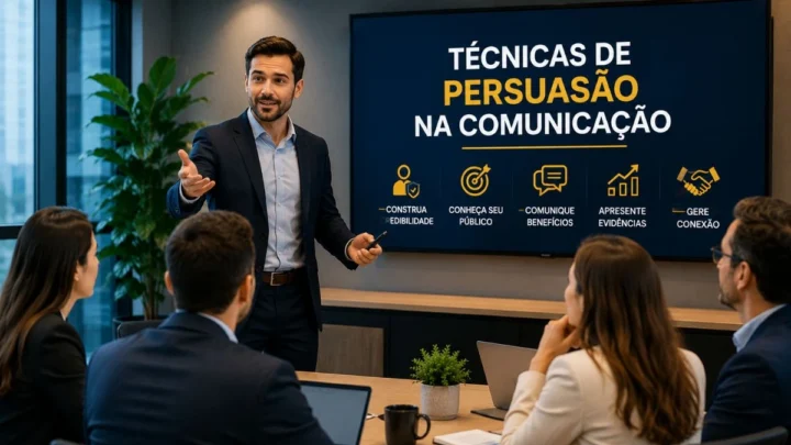 Profissional utilizando técnicas de persuasão durante apresentação corporativa.