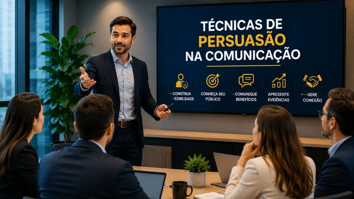 Profissional utilizando técnicas de persuasão durante apresentação corporativa.