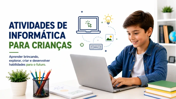 Criança realizando atividades de informática em um notebook.