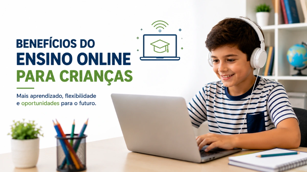 Criança estudando em notebook durante curso online em casa.