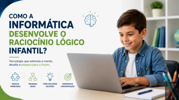 Criança desenvolvendo raciocínio lógico durante aula de informática.