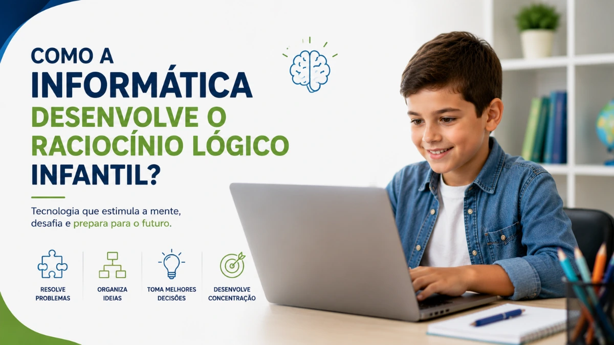 Criança desenvolvendo raciocínio lógico durante aula de informática.
