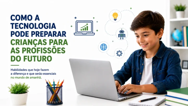 Criança utilizando notebook e desenvolvendo habilidades para as profissões do futuro.