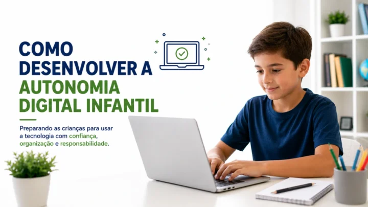 Criança utilizando notebook de forma independente em ambiente de estudos.
