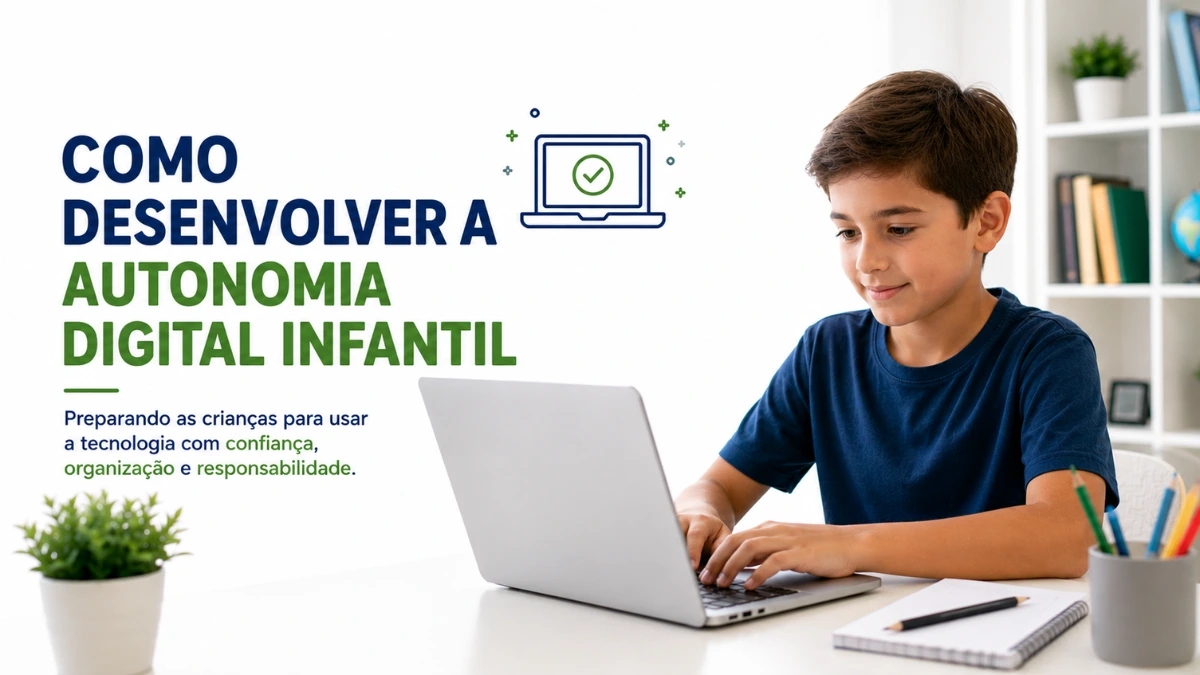 Criança utilizando notebook de forma independente em ambiente de estudos.