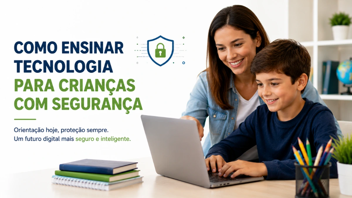Mãe ensinando tecnologia com segurança para uma criança em um notebook.