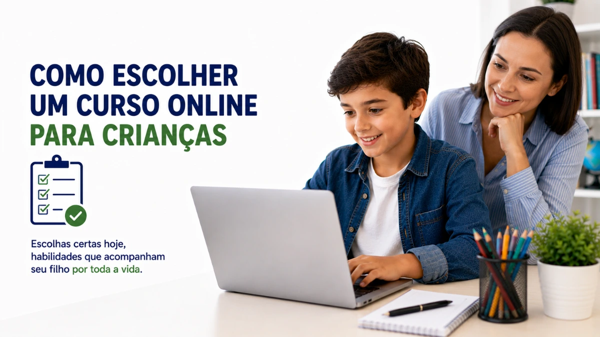 Criança estudando em um curso online com acompanhamento familiar.