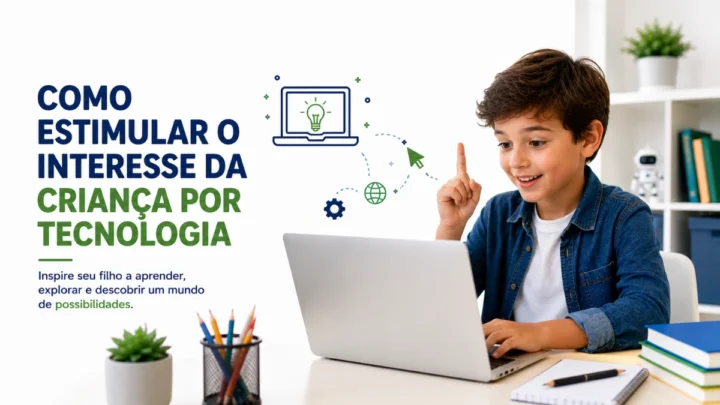 Criança utilizando notebook e descobrindo novas possibilidades com a tecnologia.