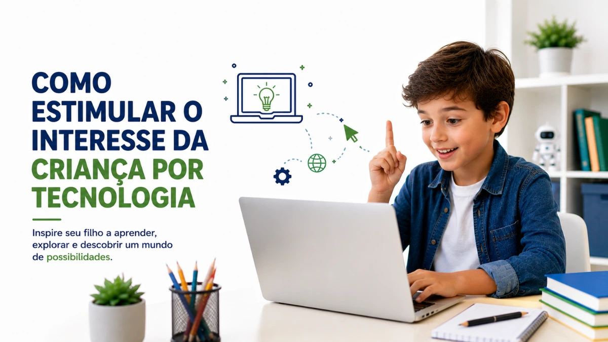 Criança utilizando notebook e descobrindo novas possibilidades com a tecnologia.