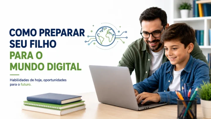 Criança aprendendo tecnologia para se preparar para o mundo digital.