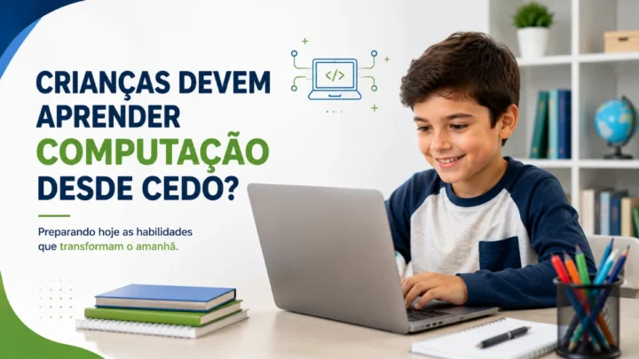 Criança aprendendo computação em ambiente de estudos moderno.