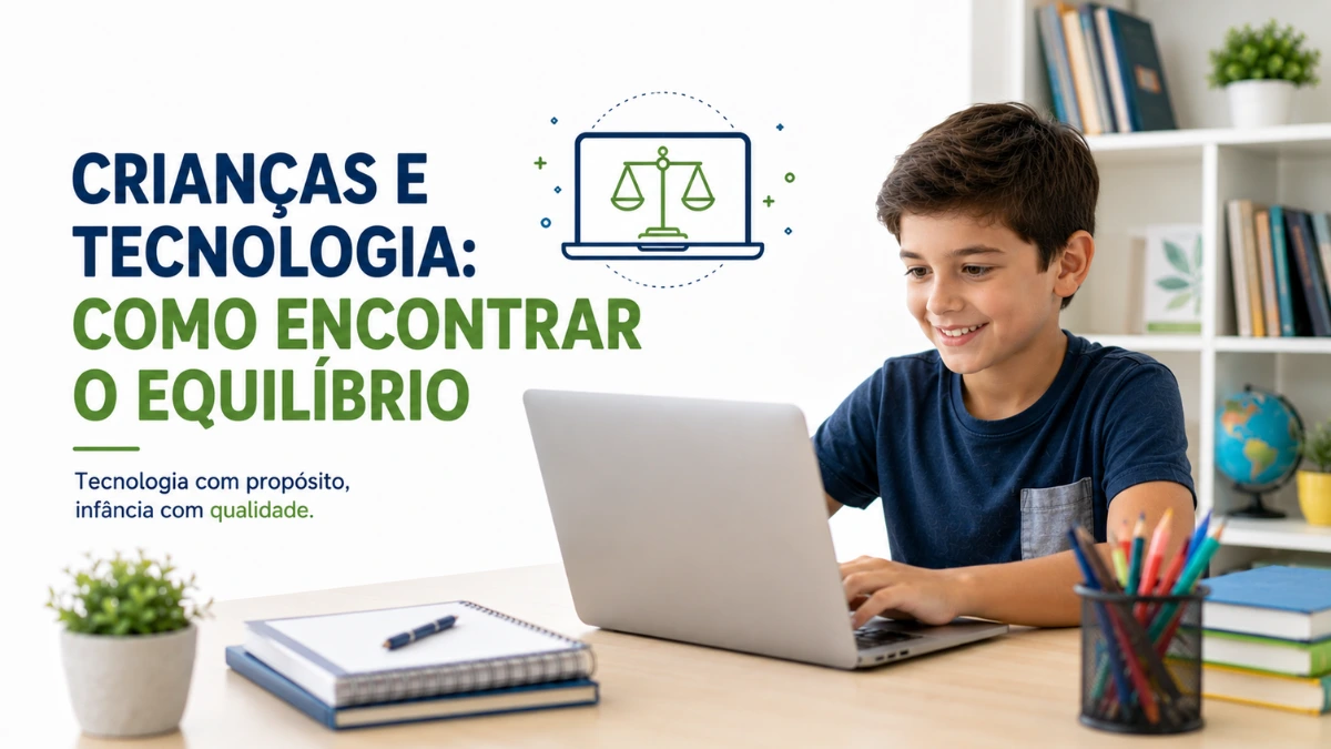 Criança utilizando notebook em ambiente equilibrado entre tecnologia e atividades educativas.