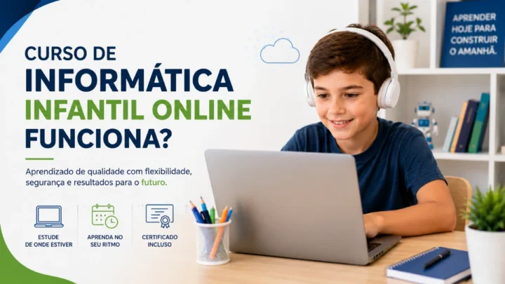 Criança estudando informática online em notebook durante aula digital.