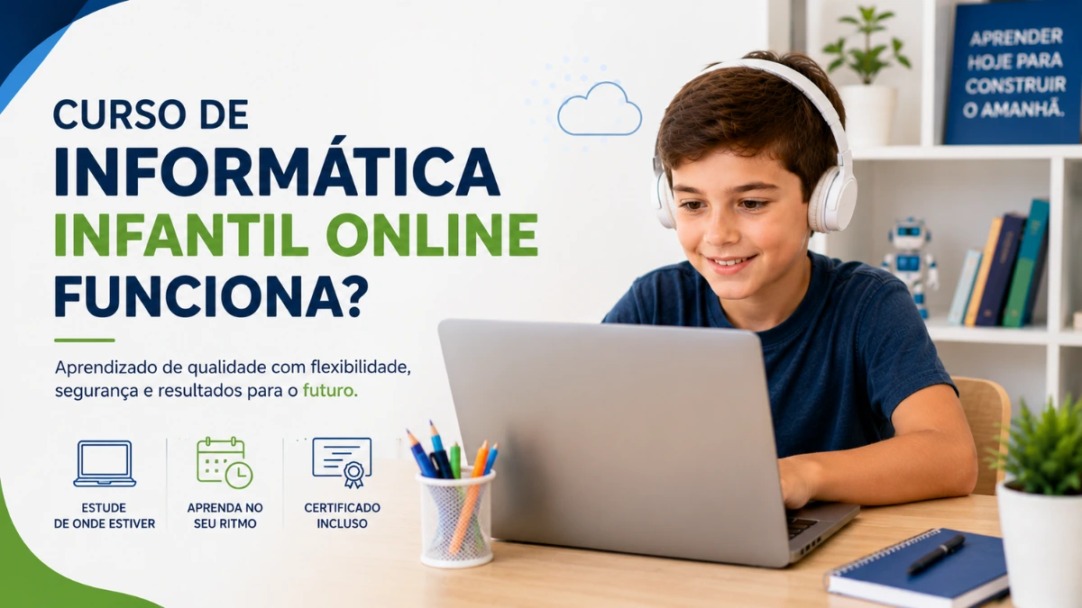Criança estudando informática online em notebook durante aula digital.