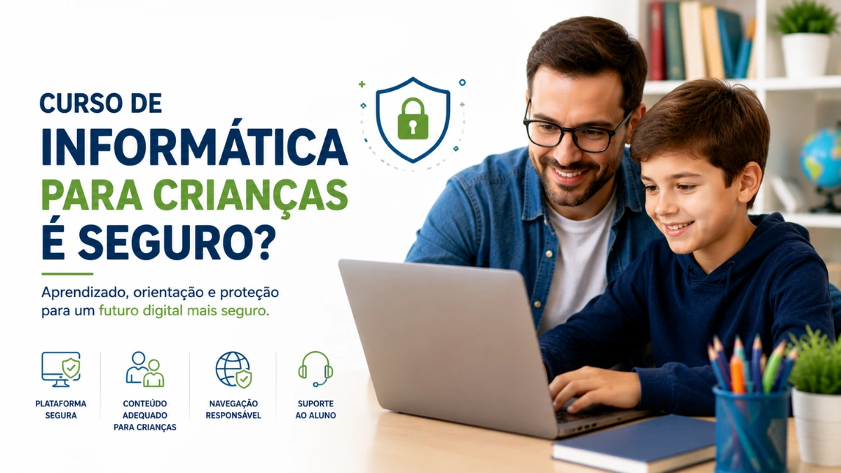 Criança aprendendo informática em ambiente seguro com acompanhamento de um adulto.