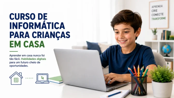 Criança estudando informática em casa com notebook.