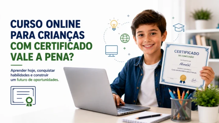 Criança estudando online e segurando certificado de conclusão.