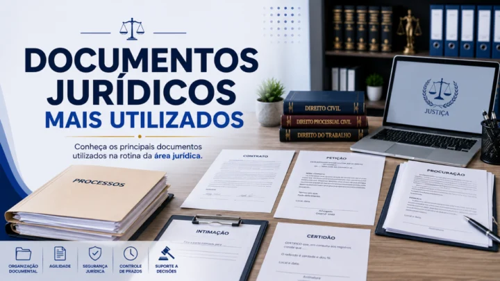 Documentos jurídicos organizados sobre mesa de escritório