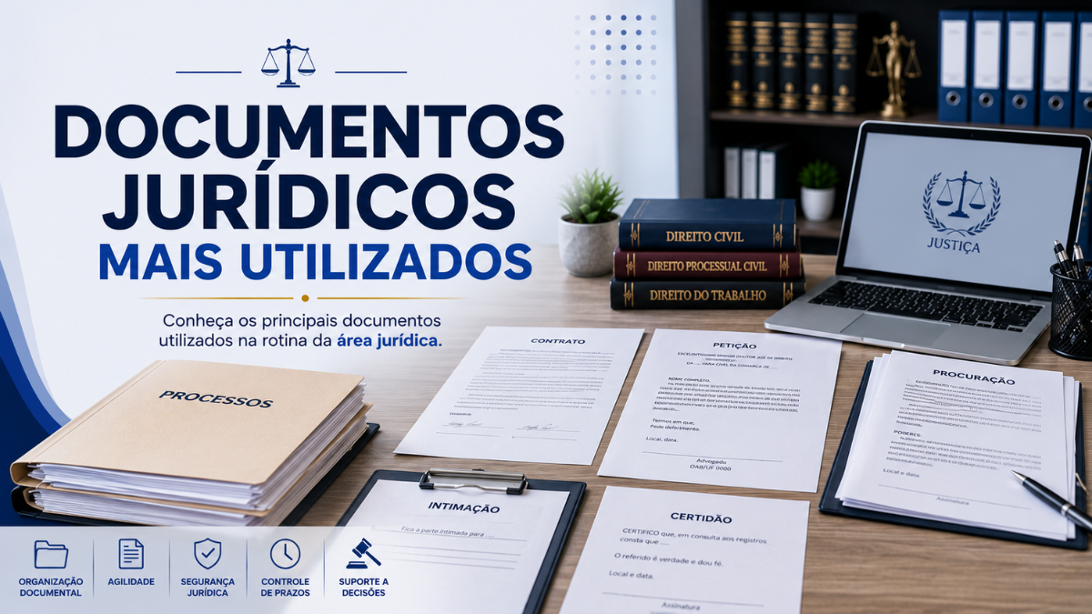 Documentos jurídicos organizados sobre mesa de escritório